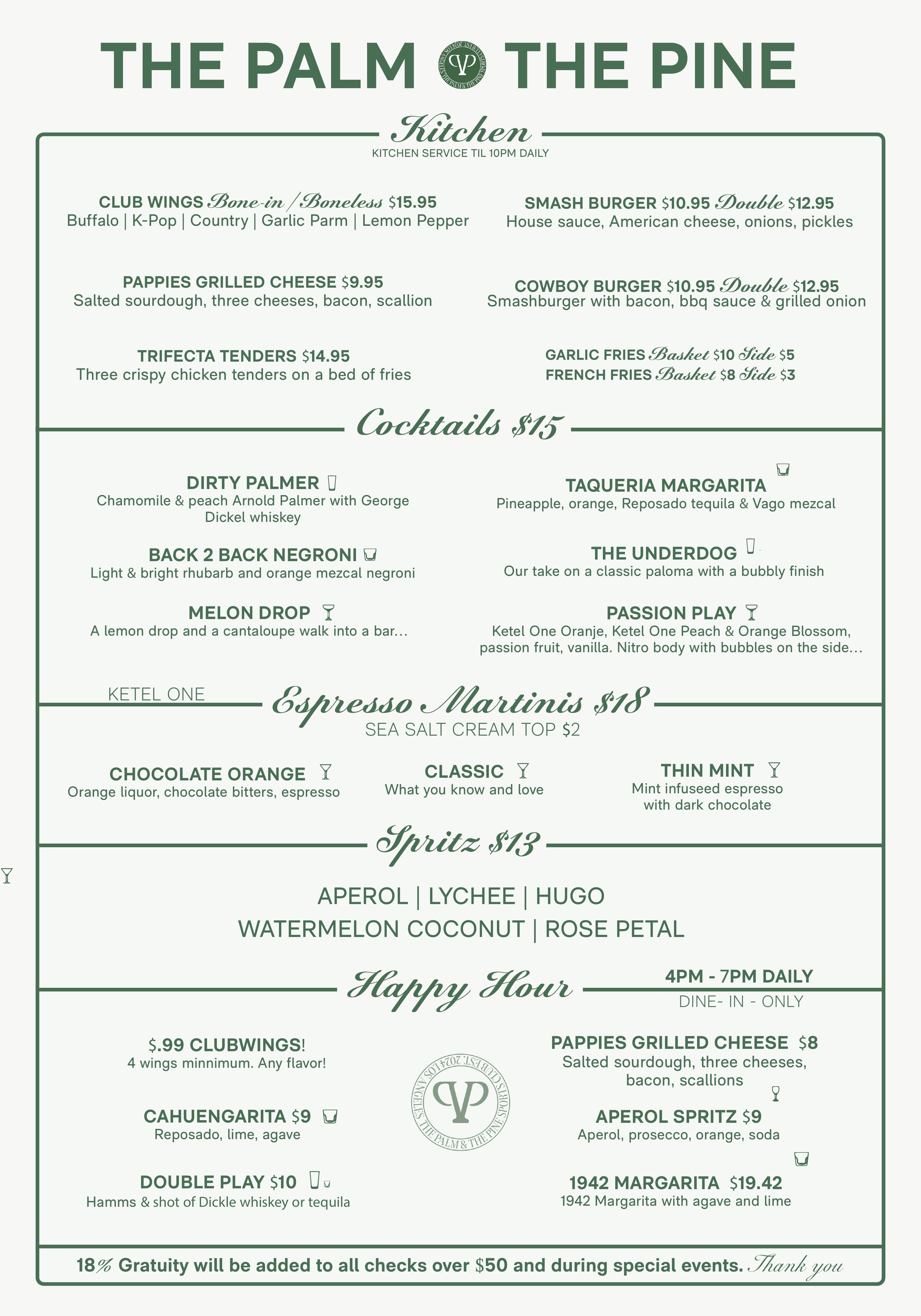 The Palm & The Pine full menu